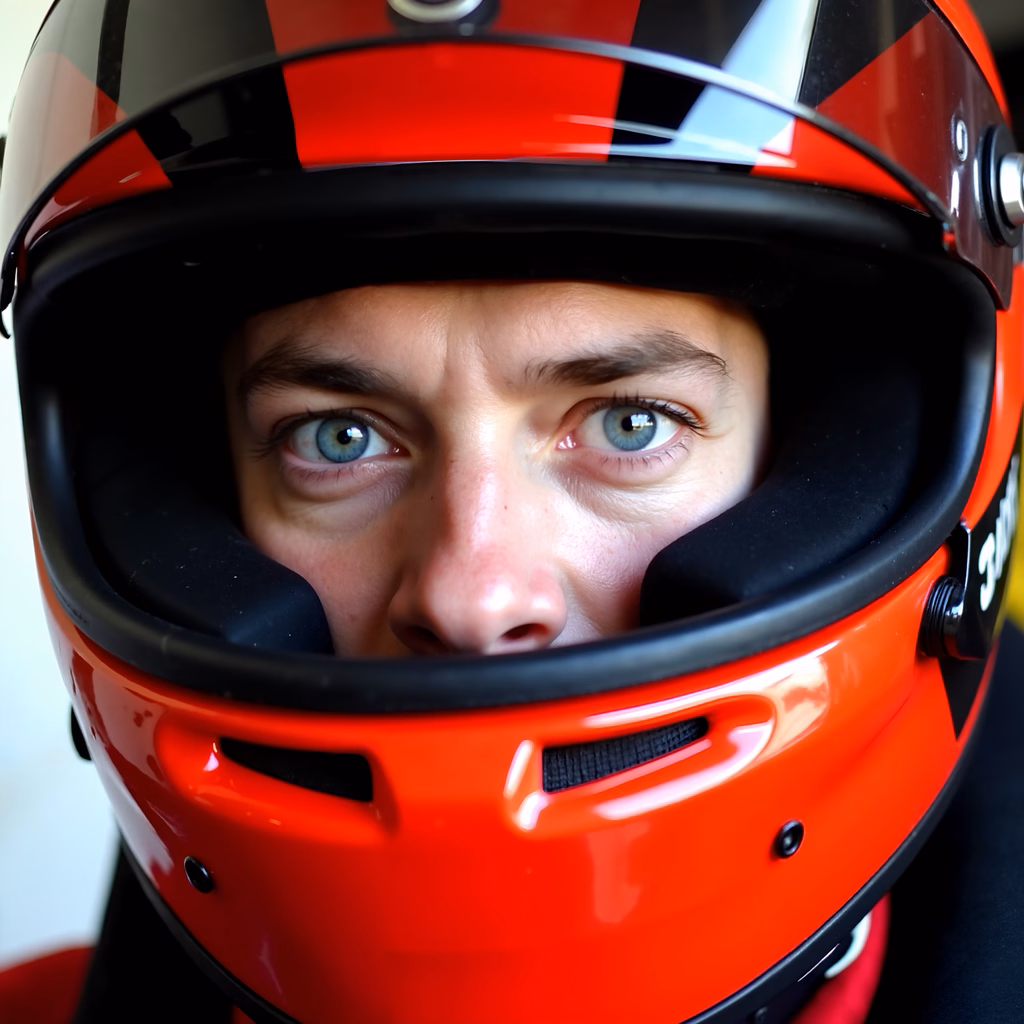Close-up of a determined racer in a red racing helmet.