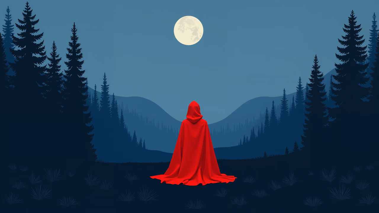 Solitary figure in red cloak under moonlit forest