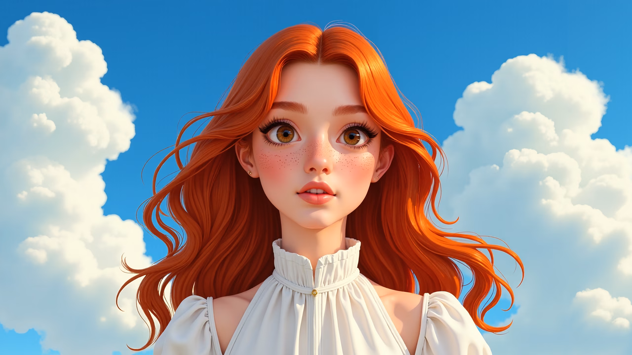 A charming illustration of a freckled girl with flowing red hair under a sunny sky.