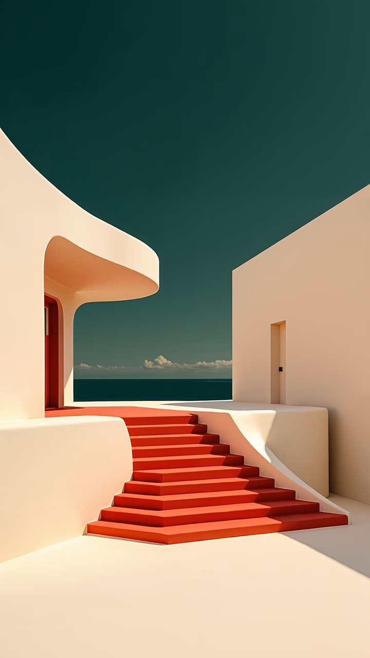 Minimalist red staircase leading to a tranquil ocean view, inviting exploration.