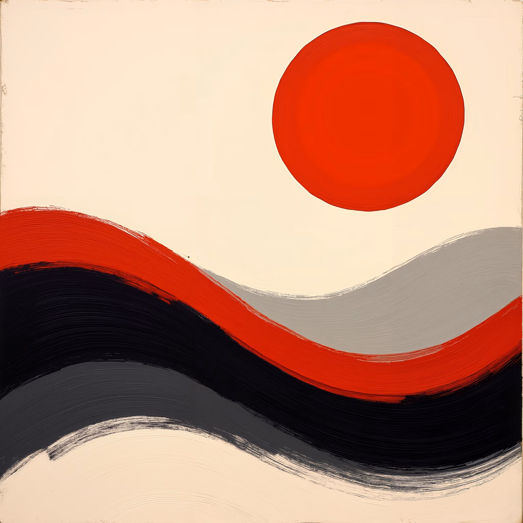 Abstract art with a red sun and contrasting black and red waves.
