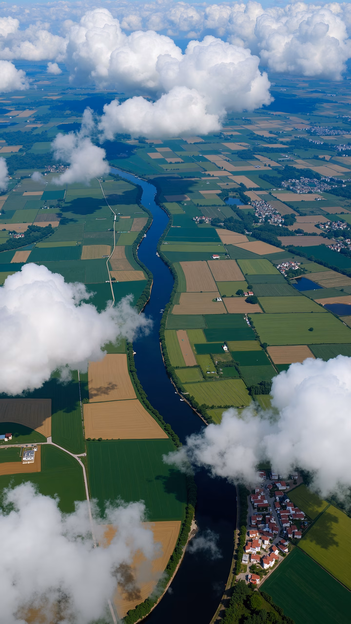 Aerial shot of a river weaving through vibrant fields and scattered houses under a cloudy sky.