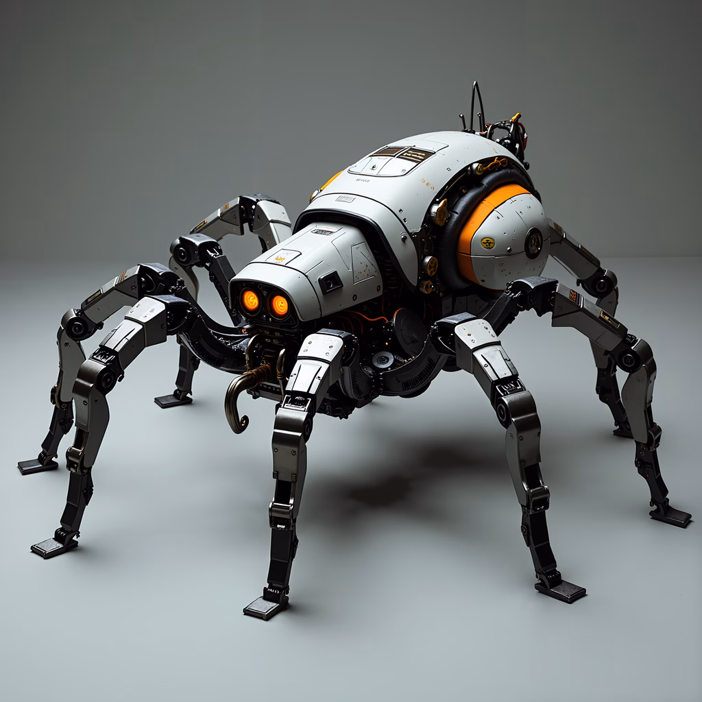 Detailed robotic spider illustration with metallic and orange accents.