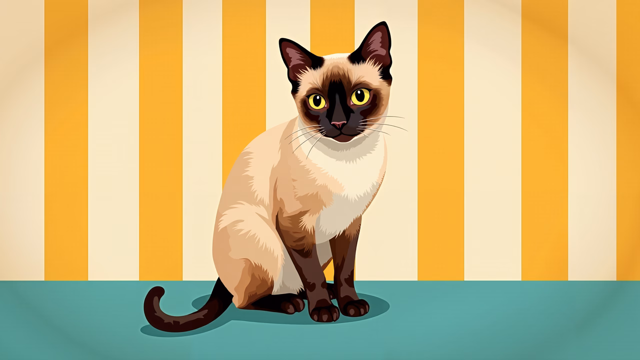A charming Siamese cat illustration with striking yellow eyes and a sleek coat against striped background.