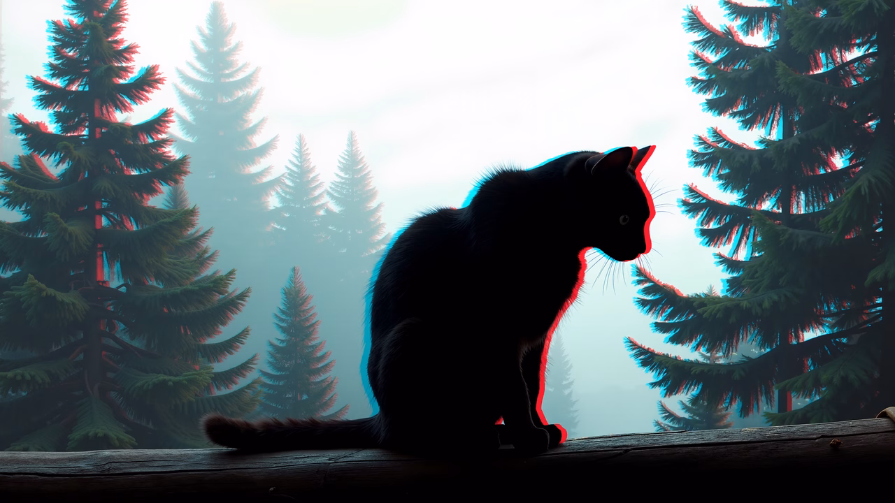 Silhouette cat on log amidst misty forest, surreal red outline, cool tones.