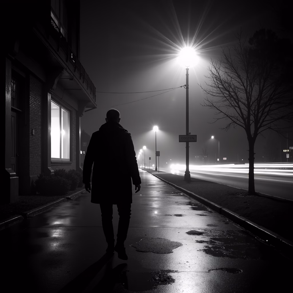 Solitude in an urban night scene, captured in black and white.
