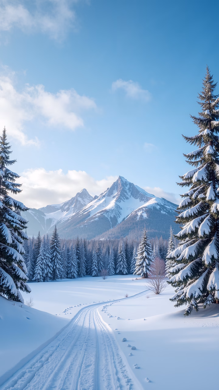 A picturesque winter landscape with snow-covered mountains and a serene trail.