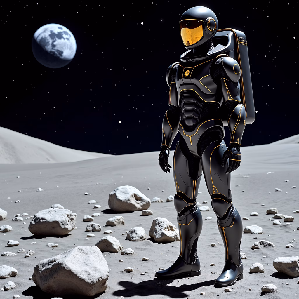 Futuristic astronaut exploring a desolate lunar landscape under a starlit sky.