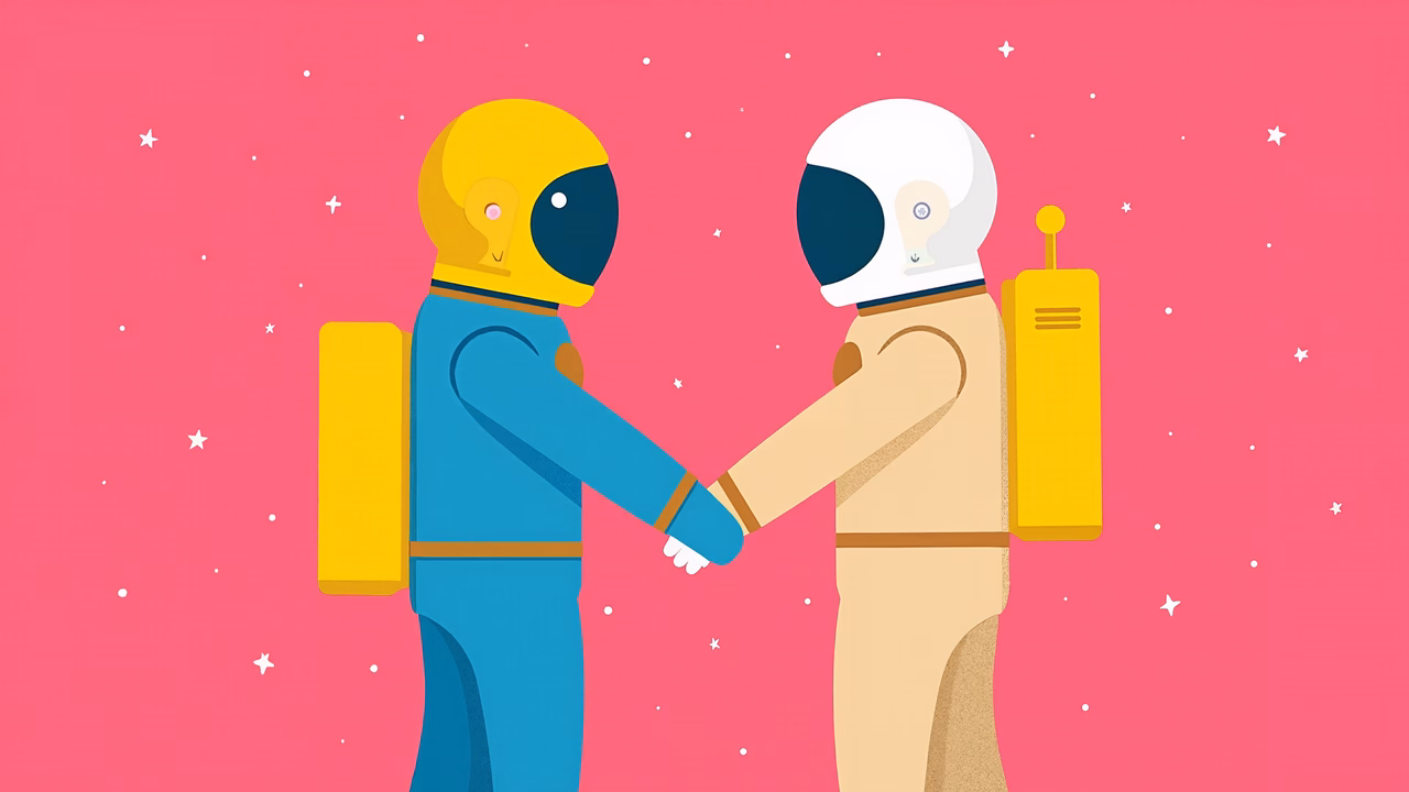 Two astronauts in space, friendship, teamwork, exploration, science fiction, space travel, interstellar journey, astronaut, space suit, pink background, stars, playful, whimsical, camaraderie, adventure