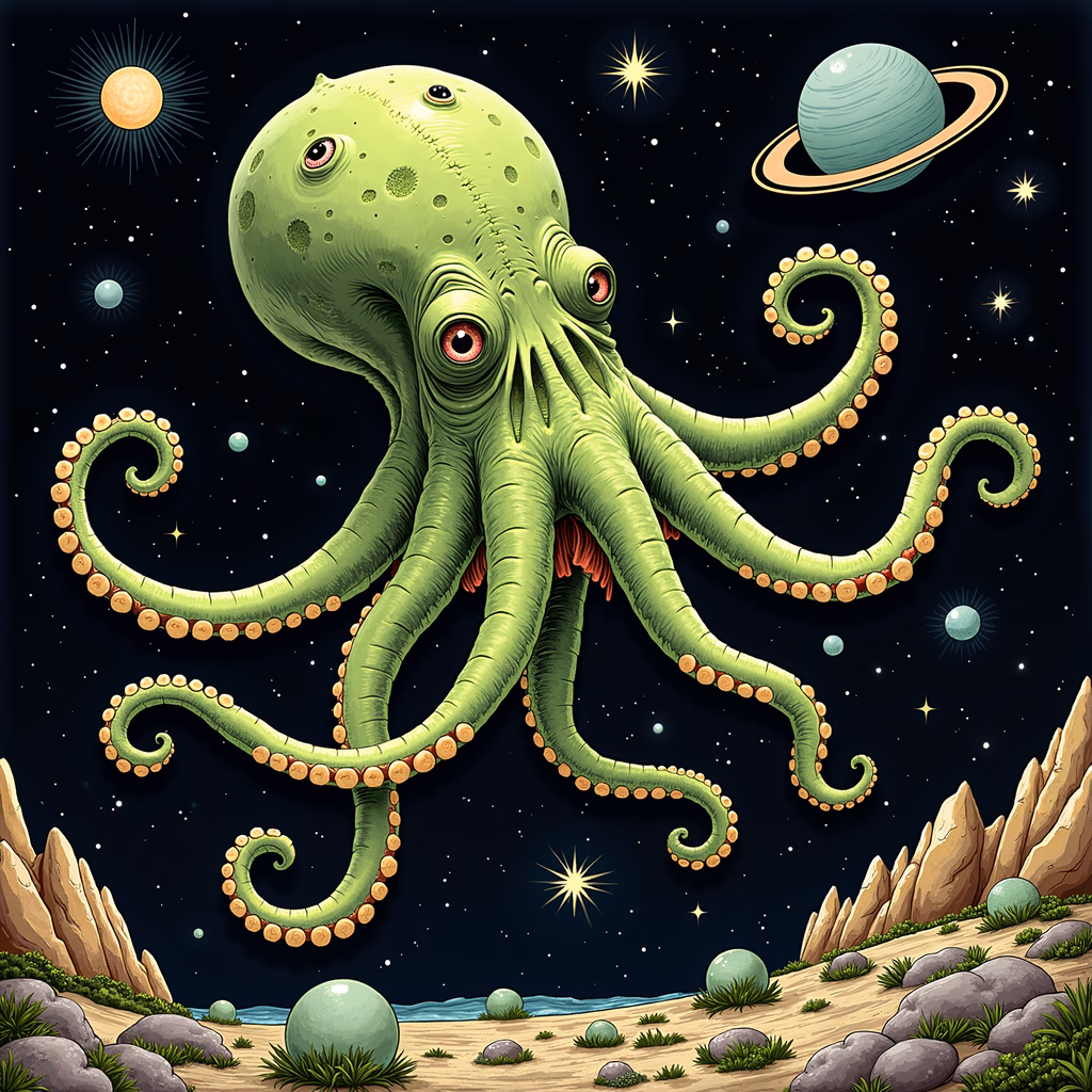 A fantastical octopus in a cosmic setting, blending marine life with space exploration themes.