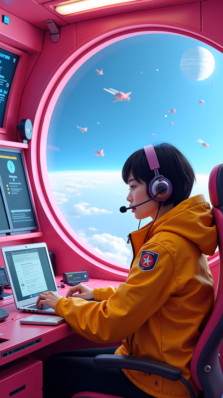 Young pilot navigating a futuristic spacecraft with vibrant colors and cosmic views.