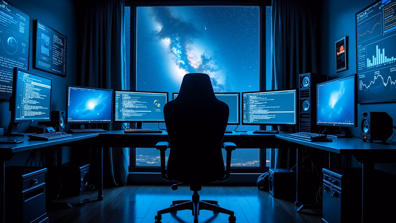 A modern home office with a space-themed aesthetic, featuring multiple monitors displaying celestial imagery and a starry night sky view.