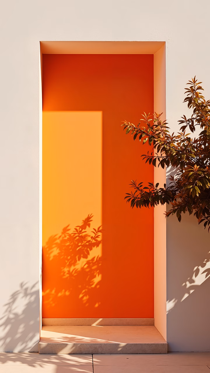 Minimalist doorway with warm sunlight and intricate shadows.