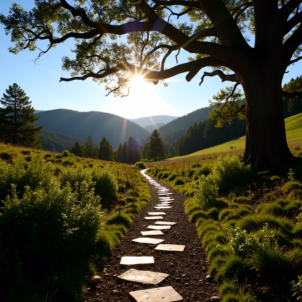 A sunlit pathway through a tranquil landscape, inviting exploration.