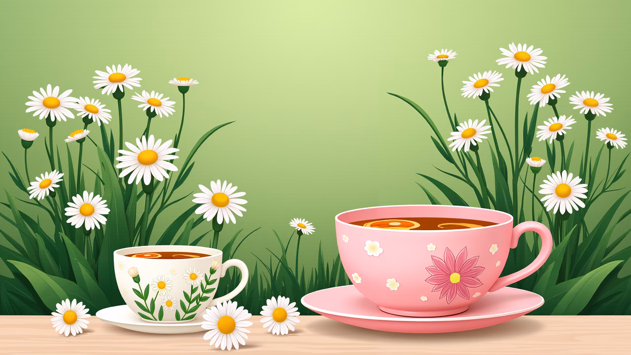 Two beautifully illustrated cups of tea amidst a floral setting.