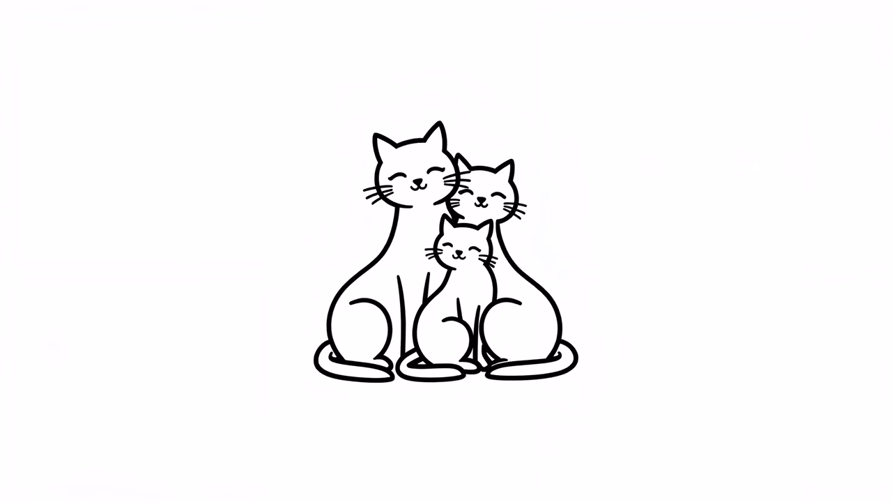 Three adorable cats in a cozy embrace, captured in a minimalist black-and-white illustration.