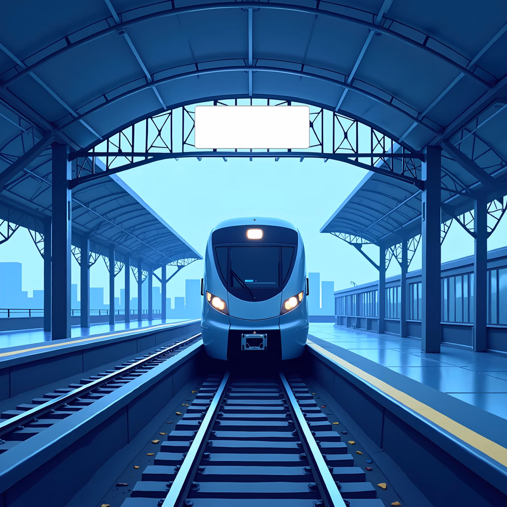 Modern train station with cool blue tones and futuristic design.