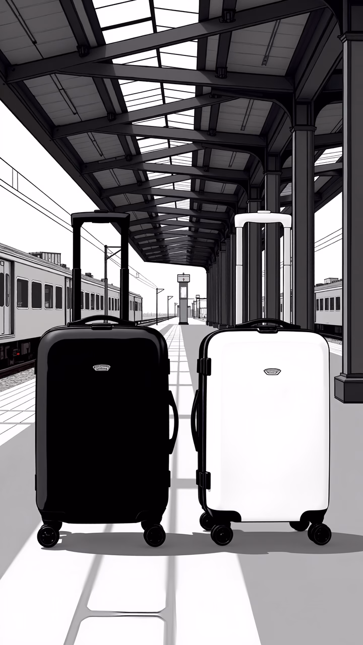Monochrome illustration of two suitcases at a train station, symbolizing travel and anticipation.
