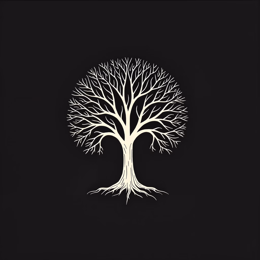 Minimalist tree silhouette with intricate branches and roots on a black background.