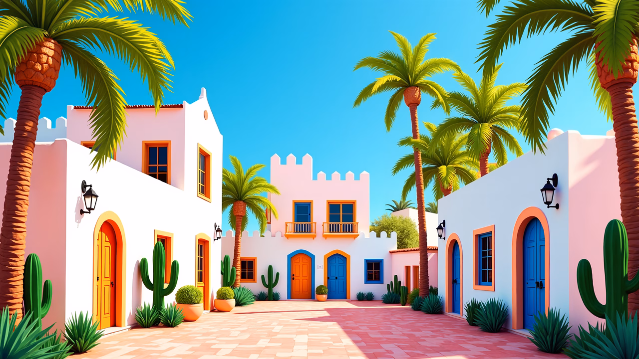A charming tropical village with colorful buildings and palm trees under a sunny sky.