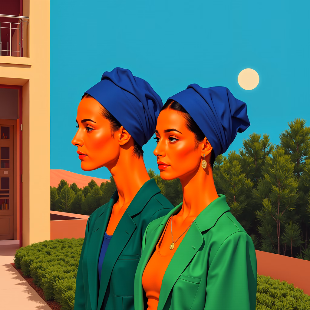 Bold colors and elegant turbans create a striking fashion illustration.