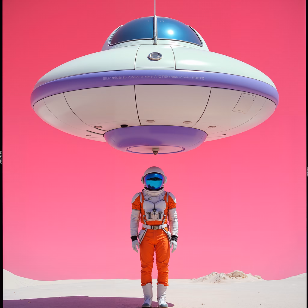 Futuristic astronaut encounters a mysterious UFO in a surreal pink sky.