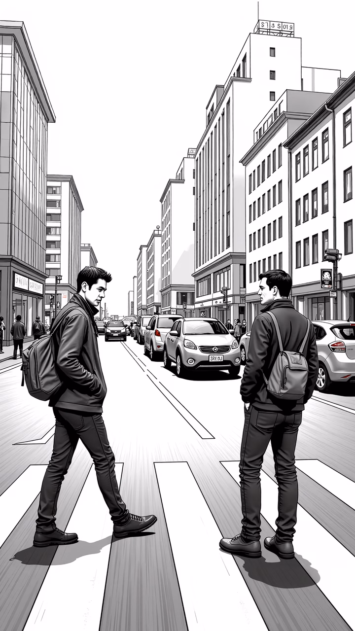 Black-and-white illustration of two people on a city crosswalk, urban architecture, and parked cars.