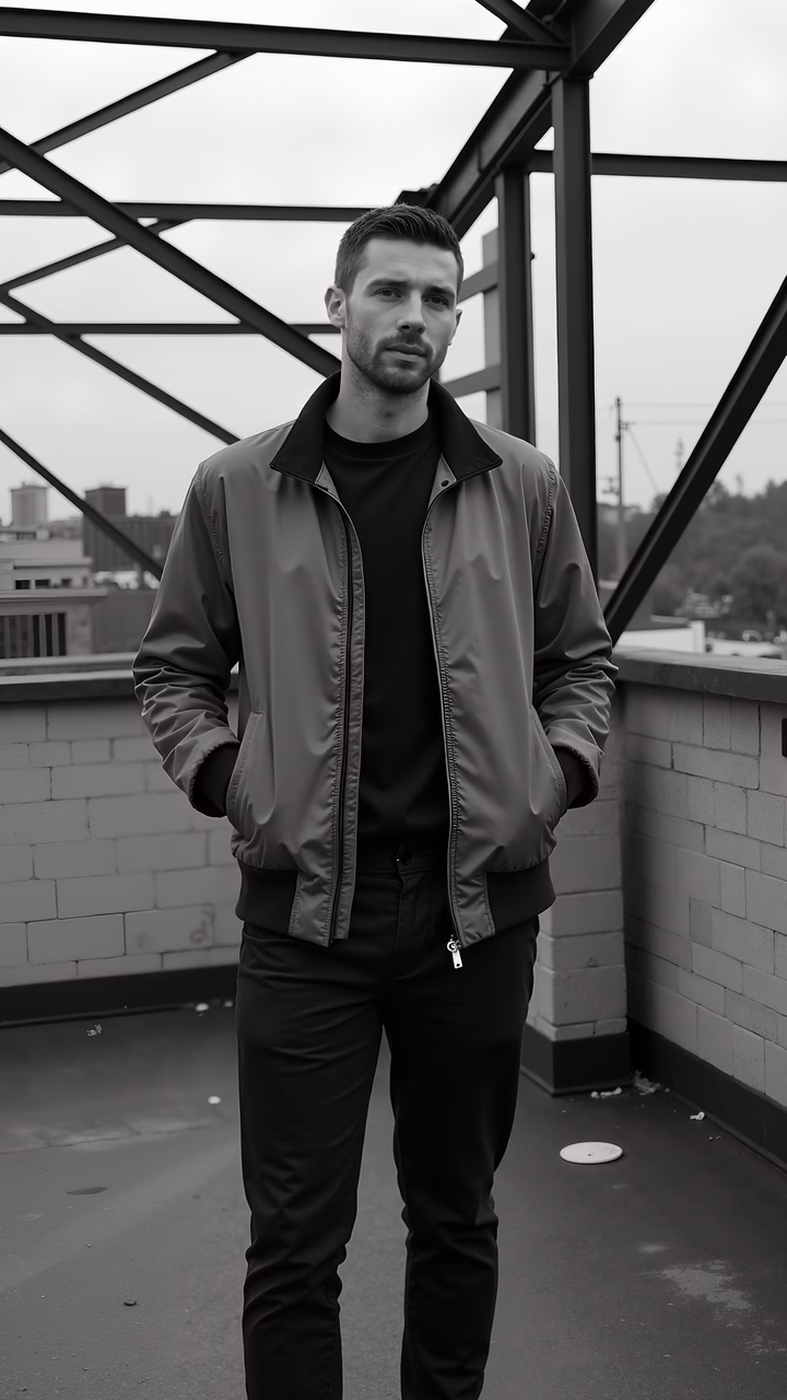 Minimalist fashion photography on an urban rooftop.