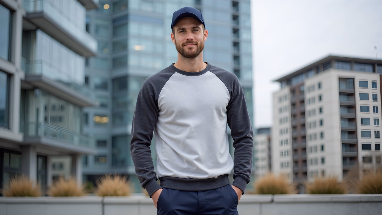 Casual urban portrait of a young man against modern cityscape.
