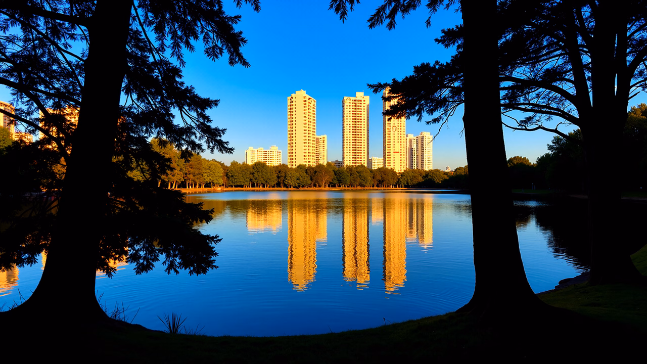 Urban tranquility captured through serene reflections and vibrant colors.