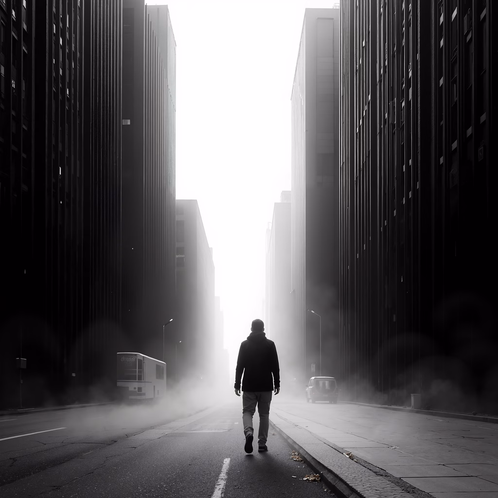 Solitary figure amidst towering skyscrapers in a foggy urban setting.