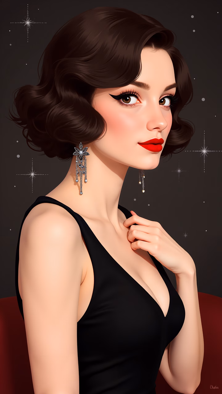 Elegant vintage glamour illustration featuring a woman in a black dress and silver earrings against a starry night backdrop.