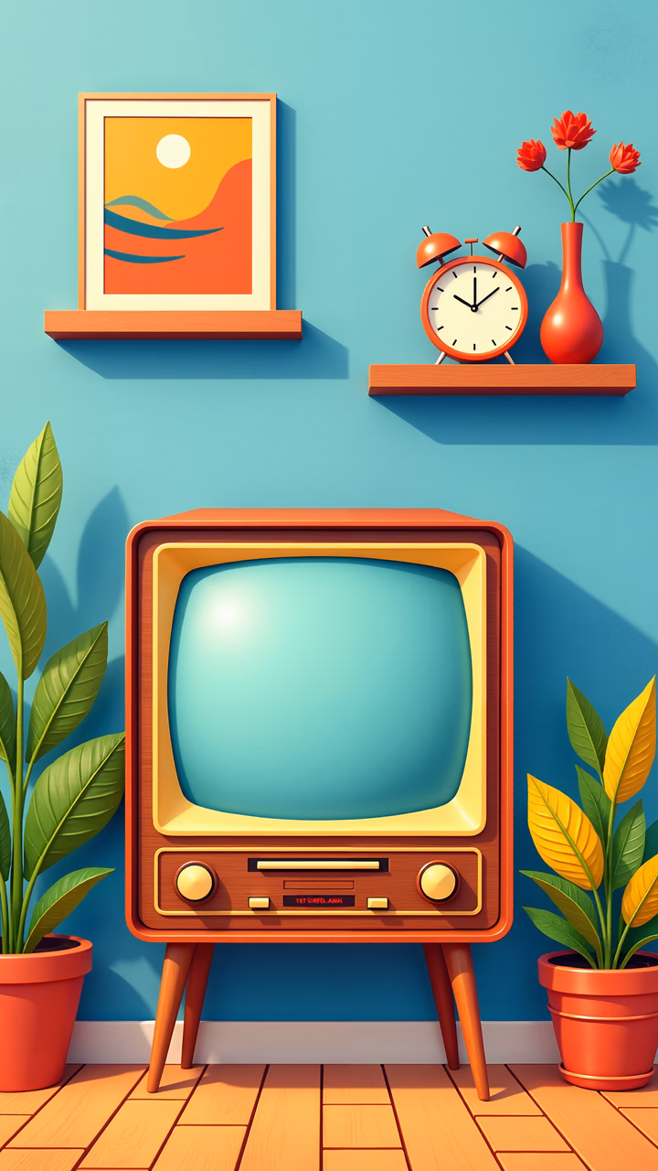 Vintage television surrounded by plants and decorative items on a blue wall.