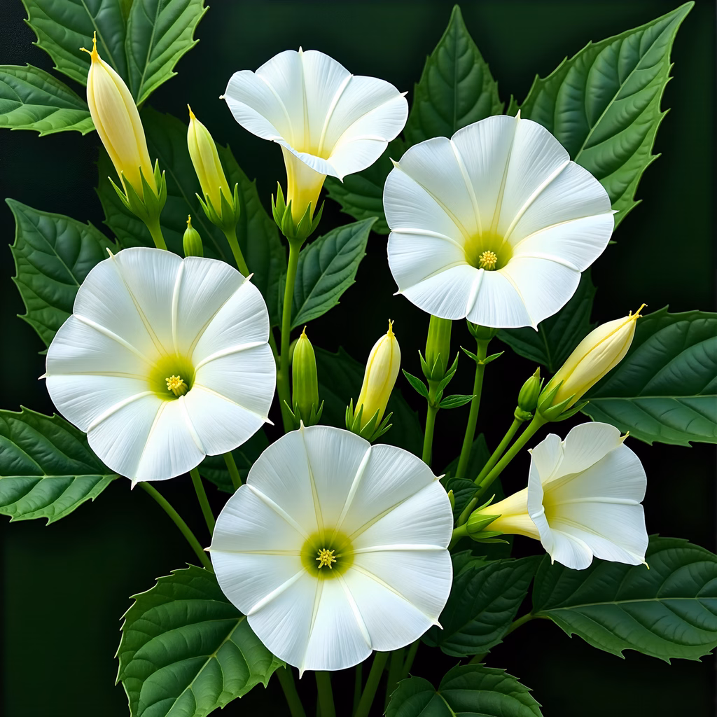 Delicate white morning glories with vibrant yellow centers amidst lush green foliage.