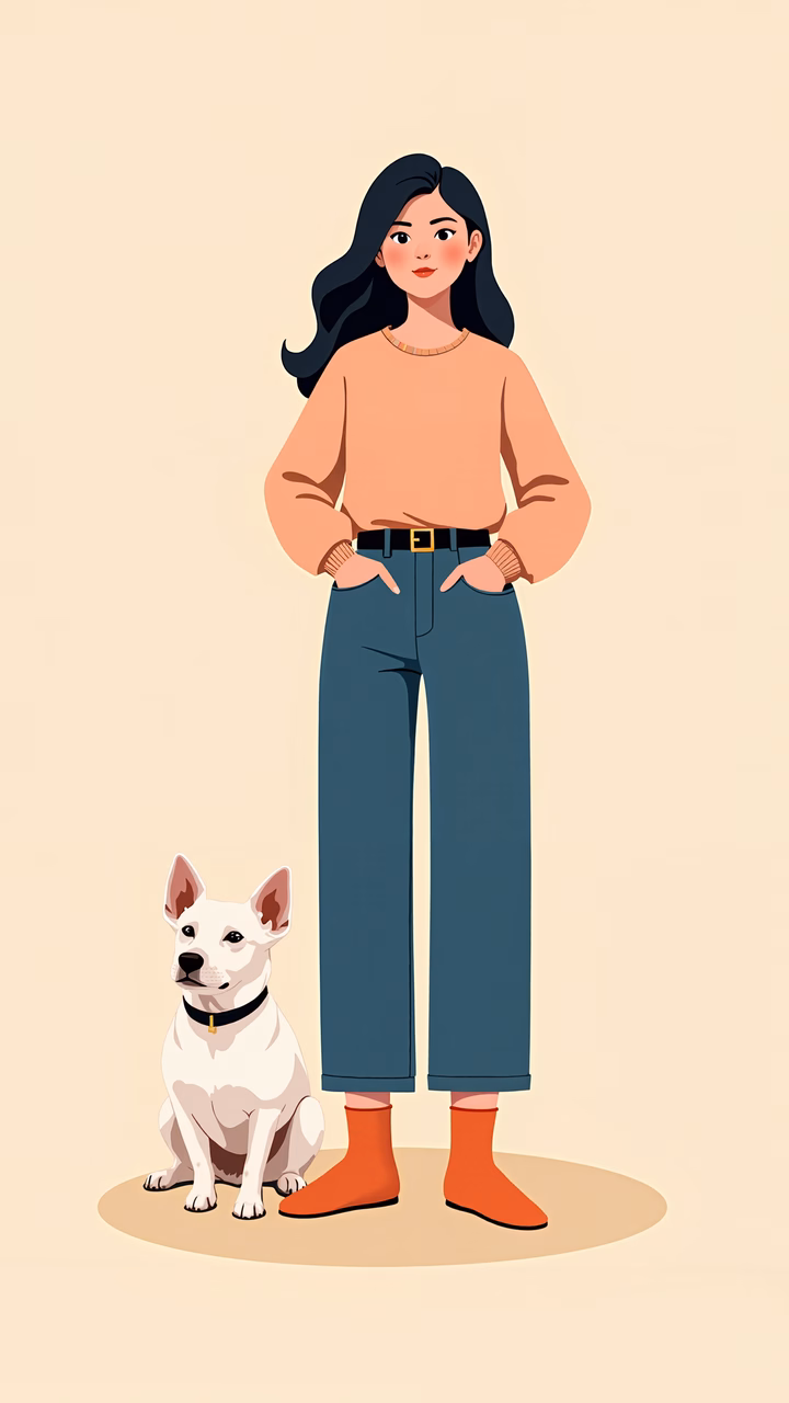Confident woman with her dog, stylish fashion illustration.