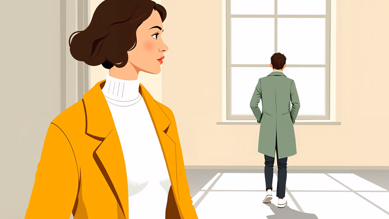 A woman in a yellow coat gazes at a man in a green coat by a window, evoking a sense of quiet contemplation.