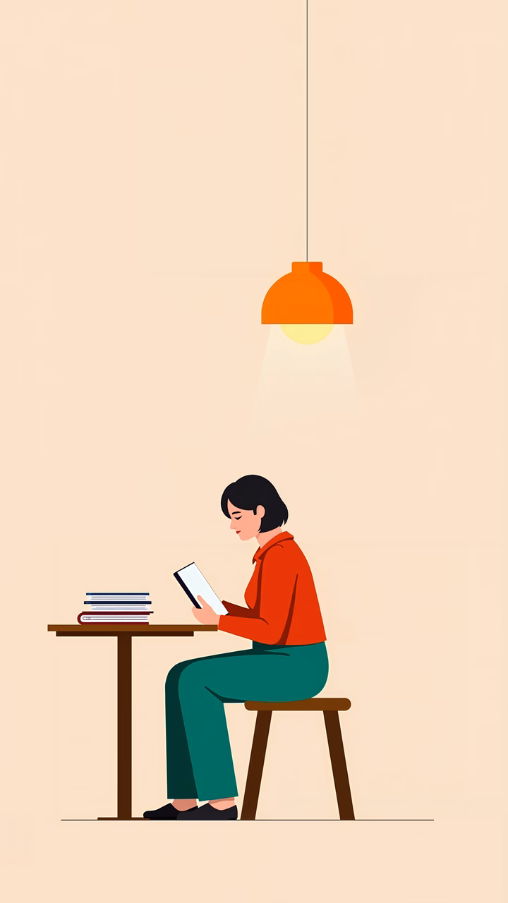 A woman reading under warm, ambient light in a minimalist setting.