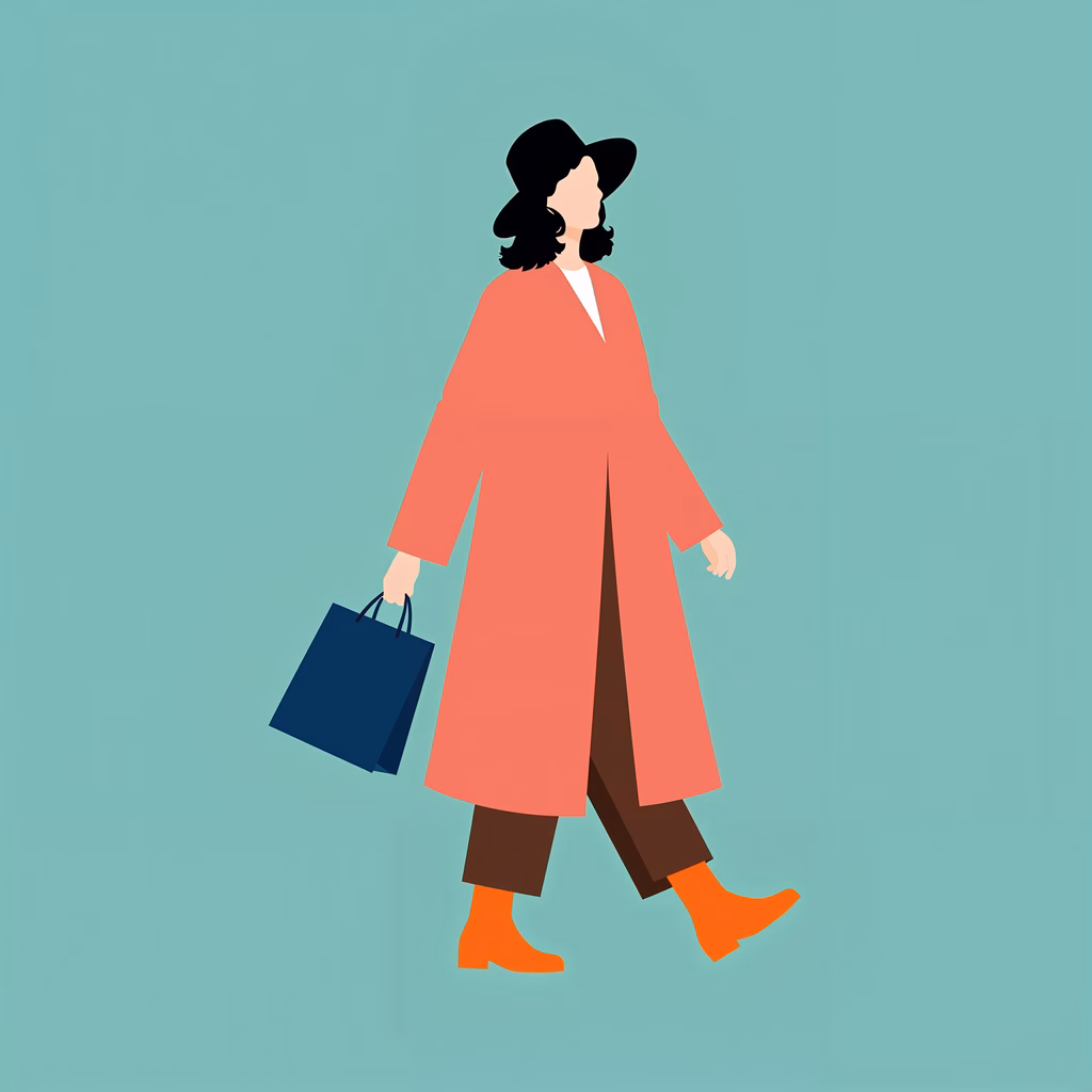 A stylish woman walking with a shopping bag, wearing a coral coat and orange boots.