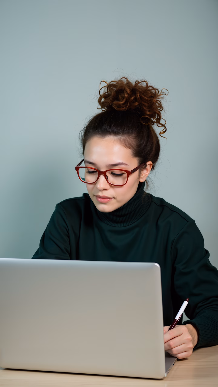 Focused woman working intently on her laptop in a minimalist setting.