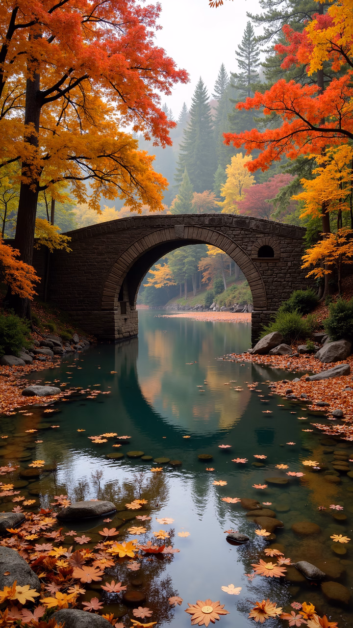 Autumnal Bridge: A tranquil scene of a stone bridge over a river with colorful autumn leaves.