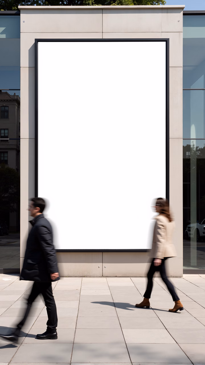 Blank billboard in a modern urban setting with pedestrians passing by.