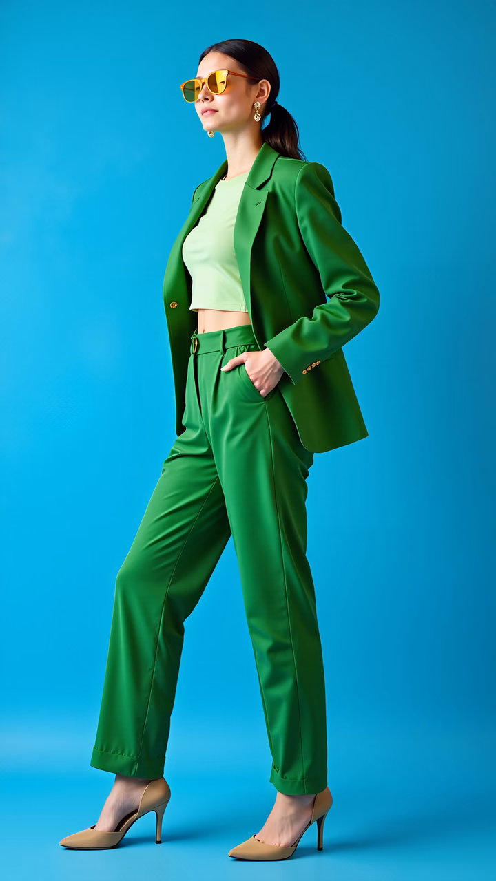 Vibrant green suit against a turquoise background, showcasing fashion and elegance.