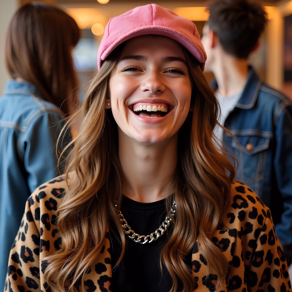 Bright smile captures joy and style in a casual portrait.