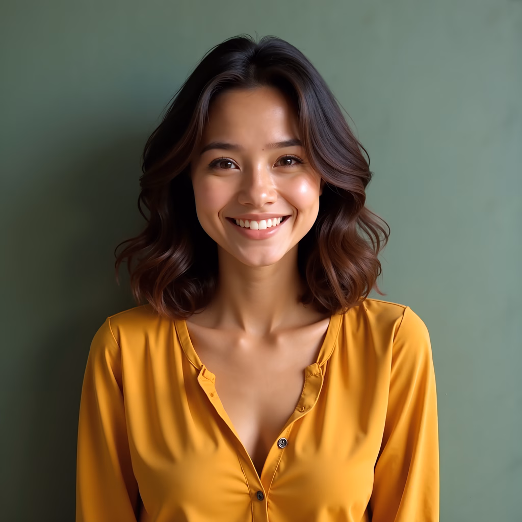 Warm smile and vibrant yellow blouse against a soft green background.