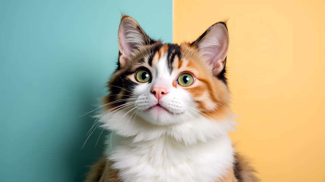 Close-up portrait of a calico cat with green eyes against a split-color background.