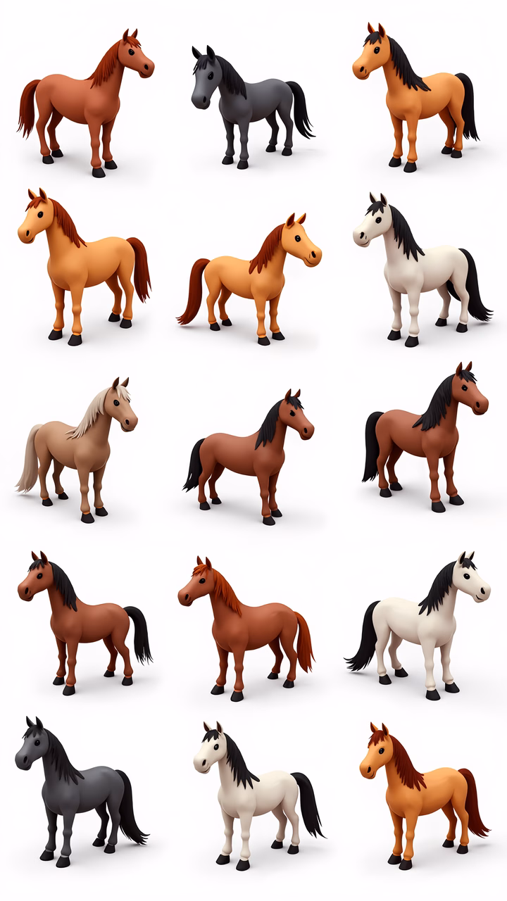 Cartoon horses in various colors and poses on a white background.