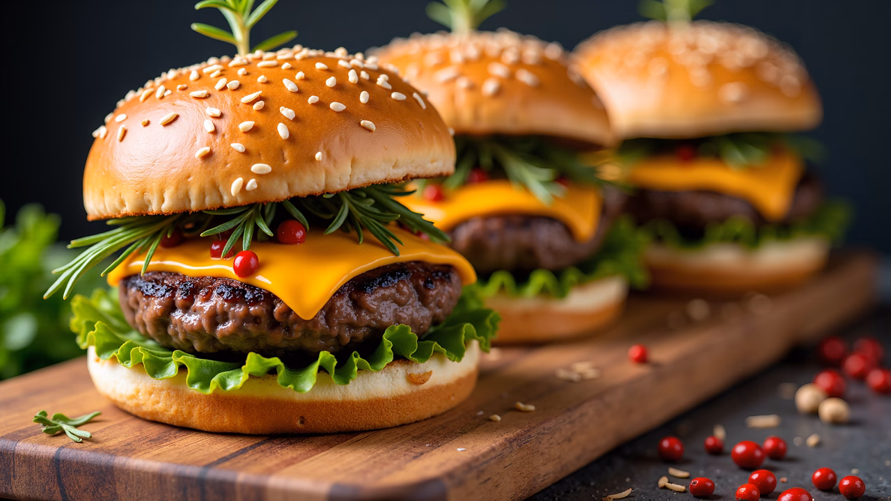 Close-up of three delicious cheeseburgers on a wooden board, perfect for food enthusiasts!