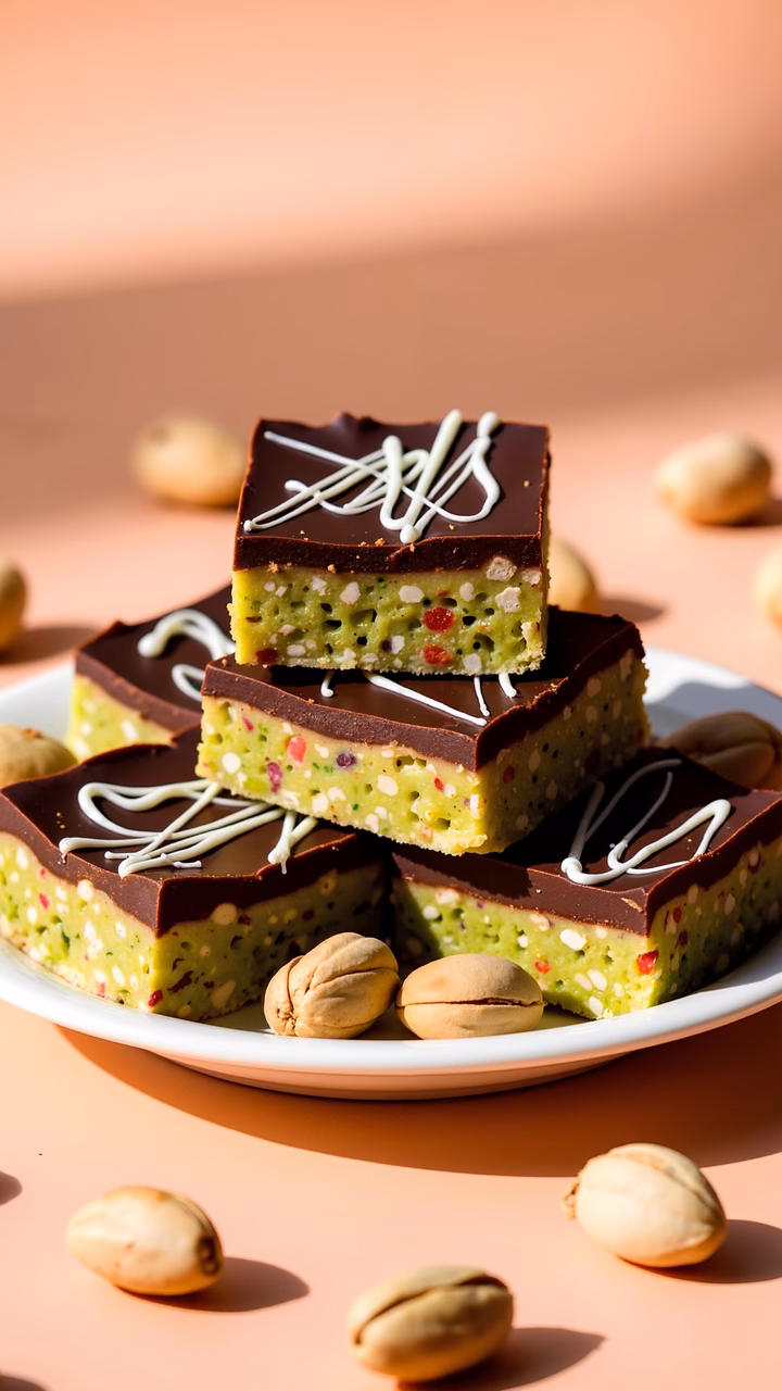 Delicious chocolate pistachio bars with vibrant green filling and rich dark chocolate coating.