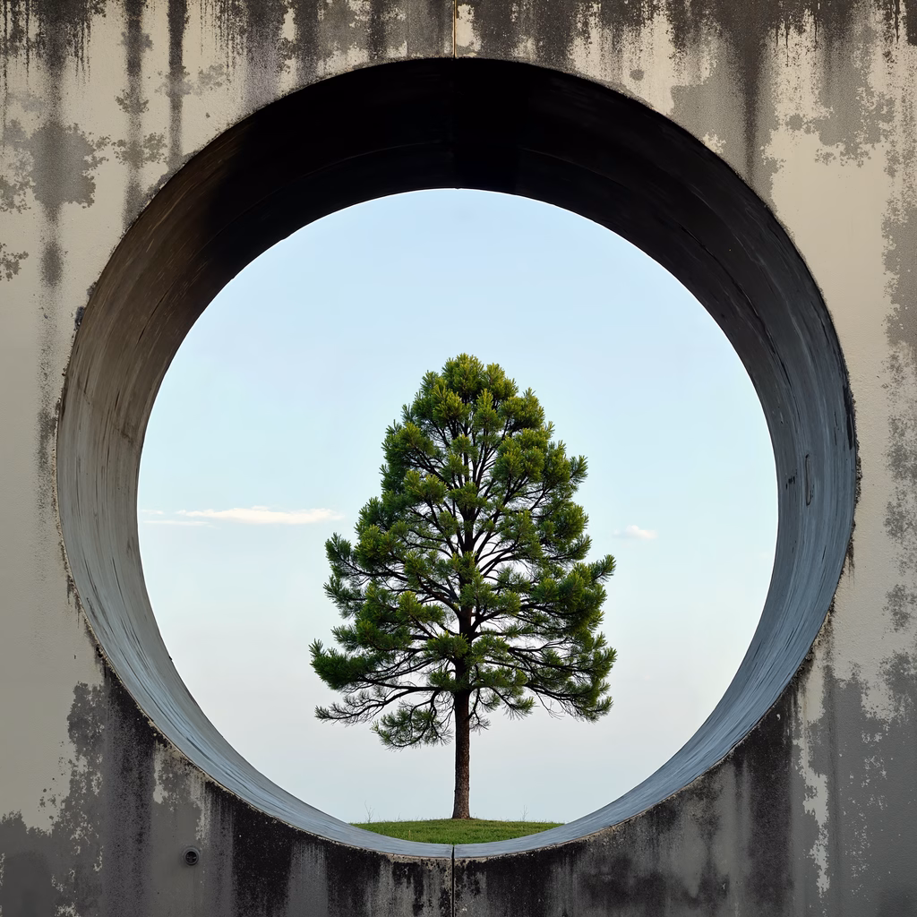 A solitary tree framed by a circular concrete opening against a tranquil sky.