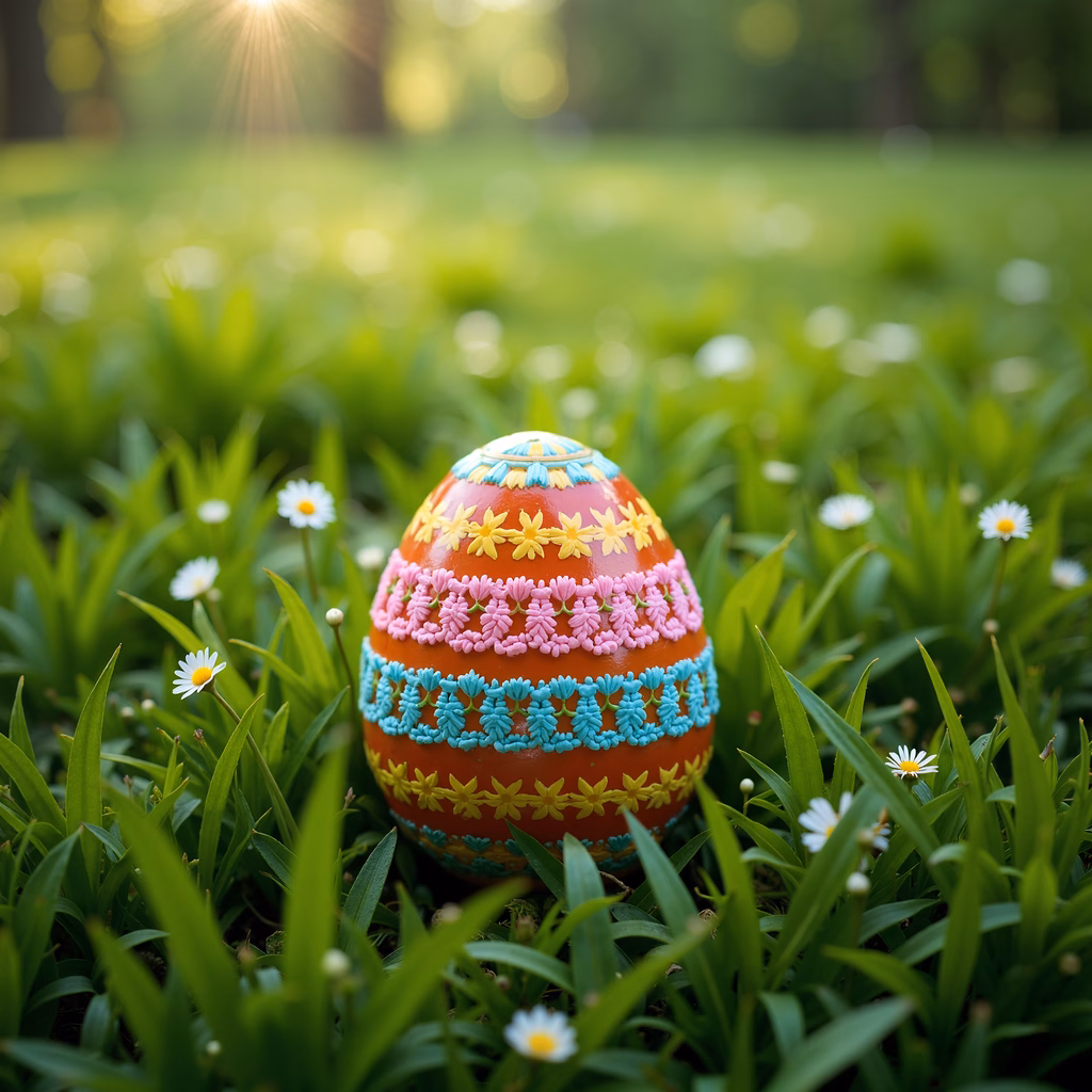 A colorful Easter egg in a spring meadow, celebrating the season with joy and vibrancy.